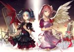  angel_wings bat_wings blue_hair bow copyright_request dress drill_hair feathers fence flower hair_bow hair_ornament hairclip multiple_girls petals pink_hair purple_eyes red_eyes ribbon rifsom short_hair single_wing violet_eyes wings 