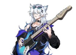  1girl absurdres animal_ear_piercing animal_ears arknights bass_guitar black_choker black_jacket black_tank_top blue_eyes blue_nails chinese_commentary choker commentary_request face_piercing hair_ornament hairclip highres holding holding_bass_guitar holding_instrument instrument jacket jewelry lappland_(arknights) linked_piercing lip_piercing long_hair looking_at_viewer multiple_rings nail_polish ne2op parallel_hairclips piercing ring scar scar_across_eye scar_on_face simple_background single_off_shoulder solo tank_top white_background wolf_ears wolf_girl 