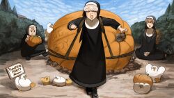  3girls :d baby_animal basket bird black_shoes brown_hair bush chicken diva_(hyxpk) duck duckling english_commentary freckles froggy_nun_(diva) grey_hair highres holding holding_sign little_nuns_(diva) multiple_girls nose_bubble nun outdoors pumpkin sheep_nun_(diva) shoes shy_nun_(diva) sign sky smile strong sweat traditional_nun tree triangle_mouth 