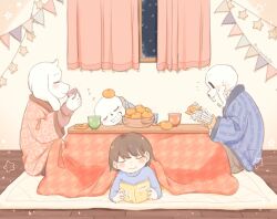  1other 2023 2boys 2d alternate_costume ambiguous_gender artist_name basket blue_coat blue_jacket blue_shirt book brothers brown_hair cacaonibs00 child coat cup digital_media drink drinking floor frisk_(undertale) fruit grey_hood height_difference holding holding_book hood hood_down hooded_jacket human humanoid indoors jacket kotatsu lying male monster monster_boy multiple_boys on_stomach open_clothes open_jacket orange_(fruit) orange_coat papyrus_(undertale) reading sans_(undertale) shirt short_hair siblings sitting skeleton sleeping striped_clothes striped_coat striped_shorts tea teeth twitter_username undead undertale utdr_(toby_fox) vertical-striped_clothes window zzz 