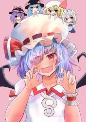  5girls apron aqua_hair bat_wings bissya314 black_hat black_wings blonde_hair blue_dress blue_hair blush bow braid check_commentary chibi collar collarbone commentary_request cuffs dot_nose dress evil_smile fang flandre_scarlet frilled_collar frilled_wrist_cuffs frills gradient_hair green_ribbon grey_hair hair_ornament hair_over_one_eye hair_ribbon hands_up hat hat_bow highres hinanawi_tenshi izayoi_sakuya leaf_hair_ornament long_hair maid maid_headdress mob_cap multicolored_hair multiple_girls nagae_iku open_mouth partial_commentary peach_hat_ornament pink_background pink_bow pink_hair pink_ribbon puffy_short_sleeves puffy_sleeves purple_hair red_eyes remilia_scarlet ribbon shirt shirt_ribbon short_sleeves side_ponytail simple_background single_braid single_wrist_cuff smile touhou very_long_hair waist_apron white_apron white_shirt wings wrist_cuffs 