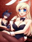  animal_ears bare_shoulders black_hair blonde_hair blue_eyes blush bowtie breasts bunny_ears bunny_girl bunny_tail bunnysuit cleavage crossed_arms cup detached_collar dog_ears dog_tail female konshin large_breasts long_hair multiple_girls original pantyhose red_eyes short_hair smile tail wolf_ears wrist_cuffs 