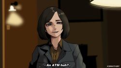  ... 1girl ? anton_chigurh artist_name black_hair black_pants blue_eyes blue_jacket bob_cut brown_shirt buttons commentary english_commentary english_text evil_smile feet_out_of_frame genderswap genderswap_(mtf) gun highres indoors jacket k3nnyn3v lamp light_smile long_sleeves medium_hair no_country_for_old_men open_clothes open_jacket open_mouth pants photo-referenced pocket shadow shirt sidelighting sitting smile straight_hair subtitled wall_lamp weapon wing_collar 