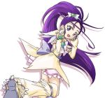  1girl :d cure_egret futari_wa_precure_splash_star ixy long_hair looking_back mishou_mai open_mouth ponytail precure purple_hair shadow simple_background smile solo violet_eyes white_background 