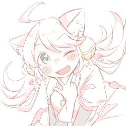  1girl 2022 2d animal_ears apron cacaonibs00 cat_ears cat_girl digital_media dress fang female female_only gloves green_eyes hand_on_own_chin heart humanoid low_twintails mad_mew_mew one_eye_closed pink_dress pink_hair simple_background skin_fang solo twintails undertale upper_body utdr_(toby_fox) w white_background 