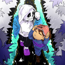  1boy 1other 2022 2d ambiguous_gender ankle_boots aoimomushi black_shorts blue_jacket blue_shirt blue_shorts boots brothers brown_boots brown_hair child commentary digital_media double_horizontal_stripe duo english_commentary frisk_(undertale) grey_hood height_difference hollow_eyes hood hood_up hooded_jacket horizontal-striped_clothes human humanoid jacket male monster monster_boy open_clothes open_jacket pink_slippers pink_stripes rain sans_(undertale) shirt short_hair shorts siblings single_vertical_stripe skeleton slippers socks striped_clothes striped_shirt striped_shorts teeth two-tone_shirt undead undertale utdr_(toby_fox) vertical-striped_clothes vertical-striped_shorts white_shirt white_socks white_stripes 