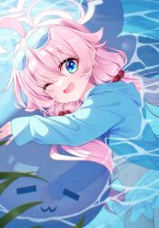  1girl ;d absurdres ahoge ajeu914 bikini blue-tinted_eyewear blue_archive blue_eyes blue_jacket commentary cowboy_shot day dutch_angle eyelashes eyes_visible_through_hair eyewear_on_head fang frilled_bikini frills hair_bobbles hair_ornament hair_spread_out halo happy highres hoshino_(blue_archive) hoshino_(swimsuit)_(blue_archive) huge_ahoge hugging_object inflatable_toy inflatable_whale jacket long_hair looking_at_viewer low_twintails navel official_alternate_costume official_alternate_hairstyle one_eye_closed open_clothes open_jacket open_mouth outdoors partially_submerged pink_hair pink_halo sleeves_past_wrists smile solo sunglasses swimsuit tinted_eyewear twintails very_long_hair water white-framed_eyewear white_bikini 