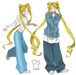  1girl absurdres baggy_pants bishoujo_senshi_sailor_moon blonde_hair blue_eyes blue_pants blue_sweater blush breasts choker closed_eyes collarbone crossed_arms curtained_hair double_bun facing_away facing_viewer hair_bun highres long_hair long_sleeves midriff_peek multiple_views neginoaoitokoro one_eye_closed pants sailor_moon shirt shoes simple_background small_breasts sneakers sweater sweatpants twintails very_long_hair white_background white_shirt white_shoes 