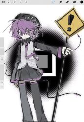  ! 1girl arm_at_side art_program_in_frame beret black_background black_hat black_shirt black_skirt black_thighhighs border closed_mouth clothes_writing collared_shirt copyright_name dill_(adachi_rei_zero) dot_mouth double-parted_bangs expressionless eyebrows_hidden_by_hair feet_out_of_frame hair_between_eyes halftone halftone_background hat headset highres holding holding_sign looking_at_viewer miniskirt necktie outside_border outstretched_arm pale_skin pleated_skirt procreate_(software) purple_hair purple_necktie purple_trim round_border screenshot shirt short_hair sign simple_background skirt solo standing straight-on swept_bangs thigh-highs tie_clip utane_uta utau vest violet_eyes white_border white_vest zettai_ryouiki 