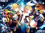  1girl artist_name bare_shoulders blonde_hair blue_eyes brother_and_sister chainsaw character_name dated detached_sleeves headphones headset holding kagamine_len kagamine_rin kei-suwabe siblings smile thigh-highs twins vocaloid weapon 