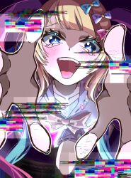  1girl :d aegyo_sal blonde_hair blue_eyes blue_hair blue_serafuku blunt_bangs bow chest_bow chouzetsusaikawa_tenshi-chan crazy_eyes distortion fisheye flustered fourth_wall glitch hair_bow highres knee_up looking_at_viewer multiple_hair_bows needy_girl_overdose outstretched_arms owa_ri pink_hair pov quad_tails reaching reaching_towards_viewer school_uniform serafuku smile solo 