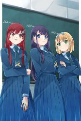  22/7 3girls arms_behind_back blonde_hair blue_bow blue_dress blue_hairband blue_necktie blue_shrug bob_cut boku_ga_motteru_mono_nara bow bow_hairband center-flap_bangs chalkboard closed_mouth collared_shirt crossed_arms dress fanged_bangs feet_out_of_frame flower green_eyes grey_shirt hair_bow hair_flower hair_ornament hairband height_chart highres ichinose_hotaru indoors inverted_bob long_dress long_hair long_sleeves mole mole_under_eye multiple_girls necktie open_mouth pinafore_dress pleated_dress purple_hair red_eyes red_hair saito_nicole sato_reika shirt short_hair shrug_(clothing) sleeveless sleeveless_dress standing trefle_r violet_eyes white_flower 