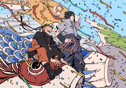  2boys absurdres black_boots black_hair black_headband blonde_hair boots chugege closed_eyes confetti facial_mark full_body grey_shirt hand_on_own_hip headband highres jumpsuit kite laughing looking_at_another male_focus multiple_boys naruto_(series) naruto_shippuuden open-toe_boots open_mouth orange_jumpsuit orange_pants pants shirt short_hair sitting smile spiky_hair streamers uchiha_sasuke uzumaki_naruto whisker_markings 