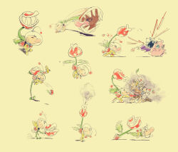  2boys absurdres backpack bag banjo-kazooie big_nose black_eyes blonde_hair brown_hair brown_tunic castlevania_(series) closed_eyes colored_skin fangs fighting flower flying gloves helmet highres jason_lupas jigglypuff leaf lying motion_blur motion_lines multiple_boys multiple_views muscular no_mouth olimar on_side parody pikmin_(creature) pikmin_(series) pink_flower pink_nose piranha_plant pointy_ears pokemon pokemon_(creature) punching purple_pikmin purple_skin radio_antenna red_bag red_gloves red_pikmin red_skin restrained shadow short_hair simon_belmont simple_background smoke space_helmet spacesuit spiked_ball spitting super_mario_bros. super_smash_bros. throwing tunic unusually_open_eyes very_short_hair white_pikmin wide-eyed yellow_background yellow_pikmin yellow_skin 