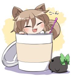  1girl :3 :d animal_ear_fluff animal_ears blush bow brown_hair chibi chibi_only closed_eyes commentary_request cup fox_ears fox_girl fox_tail green_bow in_container in_cup ko~n kudamaki_tsukasa open_mouth reiuji_utsuho reiuji_utsuho_(bird) rokugou_daisuke short_hair signature smile tail touhou 
