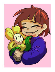  1boy 1other 2019 2d ambiguous_gender ankle_boots aoimomushi blue_shirt blue_shorts boots border brown_boots brown_hair commentary cropped_torso digital_media duo english_commentary flower flowey_(undertale) frisk_(undertale) half-closed_eyes holding holding_flower horizontal-striped_clothes human male pink_background pink_stripes plant shirt short_hair shorts simple_background smile striped_clothes striped_shirt two-tone_shirt undertale utdr_(toby_fox) white_background white_border yellow_flower 