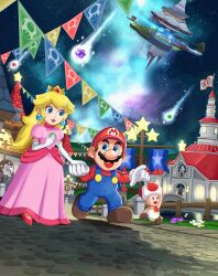  1girl 2boys absurdres artist_name blonde_hair blue_eyes blue_overalls boots brown_boots brown_hair castle comet_observatory crown dress earrings elbow_gloves facial_hair gloves hat highres holding_hands in-universe_location jewelry long_hair mario multiple_boys mustache night night_sky outdoors overalls pink_dress princess_peach princess_peach's_castle red_hat red_shirt sasaki_sakiko shirt shooting_star short_hair sphere_earrings star_(symbol) star_bit stars super_mario_bros. super_mario_galaxy toad_(mario) white_gloves 