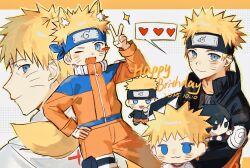  1boy animal_ear_fluff animal_ears black_headband blue_eyes blue_headband blush_stickers character_doll chibi chibi_inset dated doll facial_mark fang fox_boy fox_ears fox_tail hand_on_own_hip happy_birthday headband heart highres holster jumpsuit kemonomimi_mode light_smile male_focus multiple_views naruto_(series) one_eye_closed open_mouth orange_jumpsuit sevenlistening single_blush_sticker smile spoken_heart tail thigh_holster tongue tongue_out uchiha_sasuke uzumaki_naruto v whisker_markings 