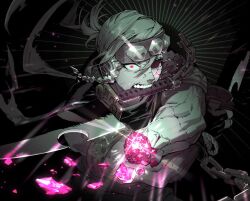  1boy bandages battle_damage boosk_01 fighting_stance forehead_protector headband kimetsu_no_yaiba male_focus solo sword_in_mouth sword_writing uzui_tengen 
