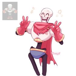  1:1 1boy 2025 2d ^o^ armor artist_name blue_shorts cape closed_eyes cowboy_shot digital_media double_w game_screenshot_inset gloves humanoid male male_focus male_only monster monster_boy open_mouth papyrus_(undertale) pixel_art_inset red_cape red_gloves reference_inset shorts simple_background skeleton solo standing star_(symbol) teacuppi teeth undead undertale utdr_(toby_fox) w white_armor white_background 