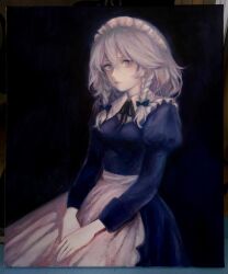  1girl absurdres apron black_ribbon blue_bow blue_dress bow braid breasts collared_shirt cuffs dress expressionless grey_eyes grey_hair hair_between_eyes hair_bow hands_on_lap highres izayoi_sakuya long_sleeves maid_headdress medium_hair neck_ribbon painting_(medium) parted_lips puffy_sleeves ribbon shirt side_braid sitting small_breasts solo svveetberry touhou traditional_media twin_braids waist_apron white_apron white_shirt 