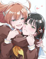  >:( 2girls :d aqua_eyes arms_around_neck black_hair blunt_bangs blunt_ends bob_cut brown_dress cerise_bouquet cheek-to-cheek commentary_request crossed_bangs dress floating_hair flower flower_knot frown green_eyes hair_between_eyes hair_flower hair_intakes hair_ornament half-closed_eyes hands_on_another's_arm hasu_no_sora_school_uniform heads_together highres hinoshita_kaho hug link!_like!_love_live! long_hair long_sleeves looking_at_another love_live! lower_teeth_only momose_ginko multiple_girls neckerchief open_mouth orange_hair rabbit_hair_ornament red_neckerchief sailor_collar sailor_dress saito_shiorii school_uniform short_hair smile sweat teeth tsundere two_side_up v-shaped_eyebrows virtual_youtuber white_flower white_sailor_collar winter_uniform yellow_neckerchief yuri 