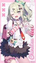  1girl absurdres bandaid bandaid_hair_ornament belt black_bow border bow character_name checkered_background chinatsu_remiel collar collarbone earrings four-finger_heart_hands fur-trimmed_skirt fur_trim green_bow hair_ornament heart heart_hairclip heart_hands highres jewelry multiple_rings multiple_thigh_straps musical_note_earrings necktie newet_a one_eye_closed open_mouth pink_arm_warmers pink_bag pink_border print_necktie red_necktie ring ring_hair_ornament shirt skirt solo striped_arm_warmers teeth tongue twitter_username upper_teeth_only virtual_pet_(toy) white_shirt winged_bag x_(symbol) x_hair_ornament zenless_zone_zero 