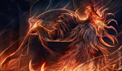  1boy absurdres artist_name bloodborne boss_fight claws commentary embers english_commentary fire grey_fur highres indoors inktober laurence_the_first_vicar male_focus monster sharp_teeth sitting sitting_on_throne teeth temmaru1 