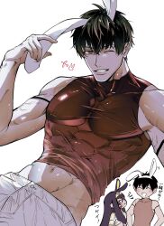  1boy 1girl animal_ears arash_(fate) black_hair brown_eyes facial_mark fate/grand_order fate_(series) highres holding_own_ears km_mechi long_hair midriff multiple_views muscular muscular_male navel nitocris_(fate) one_eye_closed open_mouth purple_hair rabbit_ears shirt short_hair simple_background sleeveless sleeveless_shirt smile white_background 