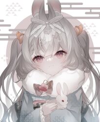  1girl :3 animal_ear_fluff animal_ears brown_eyes chinese_zodiac closed_mouth commentary grey_hair grey_kimono hair_ornament hairclip highres japanese_clothes kimono looking_at_viewer new_year original rabbit_ears rabbit_girl rabbit_hair_ornament solo triangle twintails wide_sleeves year_of_the_rabbit yuni_(irohasuiroiro) 