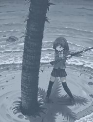  1girl blazer dithering gun hamsterfragment holding holding_gun holding_weapon jacket jaggy_lines loafers long_sleeves medium_hair monochrome neck_ribbon ocean original outdoors over-kneehighs palm_tree pebble pleated_skirt ribbon rifle sand school_uniform shinohata_sachie_(hamsterfragment) shirt shoes skirt solo standing thigh-highs tree tree_shade water waves weapon 