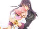  1girl :d ayatsuji_mia closed_eyes couple estellise_sidos_heurassein eyes_closed hug long_hair open_mouth pink_hair purple_hair smile tales_of_(series) tales_of_vesperia white_background yuri_lowell 