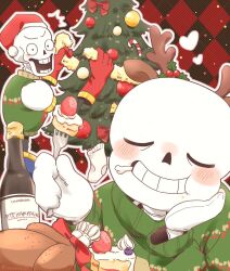  2024 2boys 2d alcohol animal_ears antlers argyle_background armor black_background blue_shorts bone bottle bow brothers cacaonibs00 cake champagne champagne_bottle chicken_(food) christmas christmas_ornaments christmas_sweater christmas_tree closed_eyes decorating_christmas_tree deer_ears digital_media duo eating fake_animal_ears fake_antlers food fork gloves green_sweater hand_on_own_cheek heart holding_fork holly humanoid looking_at_another male male_focus male_only mittens monster monster_boy multiple_boys outline papyrus_(undertale) pastry red_background red_bow red_gloves sans_(undertale) shorts siblings simple_background skeleton solo_focus strawberry strawberry_cake sweater teeth tree two-tone_background undead undertale utdr_(toby_fox) white_armor white_mittens white_outline 
