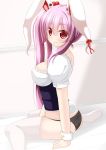  animal_ears ass black_panties breasts bunny_ears bunny_tail chimunge corset hair_in_mouth highres large_breasts long_hair no_pants panties purple_hair red_eyes reisen_udongein_inaba sitting solo tail thigh-highs thighhighs touhou underwear very_long_hair wariza white_legwear 