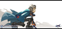  1boy aqua_coat artist_name blue_gloves coat commentary from_side gloves grey_hair grin holding holding_poke_ball long_sleeves male_focus orlek pants patreon_logo poke_ball poke_ball_(basic) pokemon pokemon_colosseum short_hair smile squatting teeth watermark web_address wes_(pokemon) 