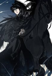  1girl absurdres black_eyes black_hair black_robe curtained_hair full_body genderswap genderswap_(mtf) grass high_ponytail highres holding holding_reins horseback_riding light_particles mrjieshisu official_alternate_costume omniscient_reader's_viewpoint ponytail reins riding robe serious solo yoo_joonghyuk 