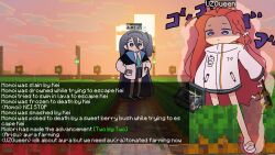  2girls absurdly_long_hair aris_(blue_archive) beetroot black_hair block_(minecraft) blue_archive blue_eyes blue_necktie carrot chat_log english_text farm forehead full_body game_screenshot_background hands_on_own_hips highres holding jacket long_hair menacing_(jojo) minecraft multiple_girls necktie one_side_up open_clothes open_jacket outdoors photo-referenced raw_beef red_hair screenshot_background shirt slippers standing sunset very_long_hair violet_eyes white_jacket white_shirt white_slippers yuzu_(blue_archive) 