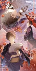  1boy 516iyn architecture artist_name axis_powers_hetalia belt black_eyes black_haori branch brown_hair buttons closed_mouth cowboy_shot east_asian_architecture egasumi empty_eyes floating_clothes floral_background hand_fan hands_up haori highres holding holding_fan holding_umbrella jacket japan_(hetalia) japanese_clothes kikkoumon kimono leaf long_sleeves looking_at_viewer looking_up lying male_focus maple_leaf military_jacket military_uniform multiple_views oil-paper_umbrella on_side open_mouth paddle purple_background purple_kimono short_hair smile standing teeth umbrella white_jacket wide_sleeves yellow_belt 