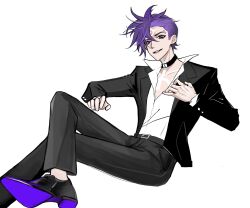  1boy :d adjusting_clothes black_coat black_hair border buzz_cut chest_tattoo coat collar crossed_legs dragon_boy_(to_be_hero_x) ear_piercing elbow_rest eyebrow_piercing face_piercing facial_mark foot_out_of_frame full_body grin head_tilt highres invisible_chair looking_at_viewer luro_cassel male_focus mohawk partially_open_shirt piercing popped_collar purple_hair shirt short_hair sitting smile solo swept_bangs tattoo to_be_hero to_be_hero_x very_short_hair violet_eyes white_border white_shirt 