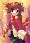  blush brown_eyes brown_hair holding_hands public ribbons scarf surprise 