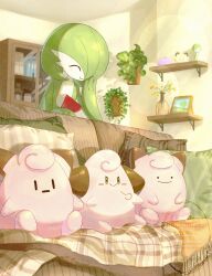  absurdres bob_cut clefairy cleffa closed_eyes colored_skin couch ditto gardevoir green_hair green_skin hair_over_one_eye hide_and_seek highres meowth multicolored_skin piyokonoenikki_04 pokemon pokemon_(creature) smile stuffed_toy transformed_ditto two-tone_skin watermark white_skin 