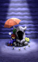 1boy 1other 2019 2d ambiguous_gender ankle_boots aoimomushi blue_shirt blue_shorts boots brown_boots brown_hair commentary digital_media duo english_commentary engrish_commentary flower flowey_(undertale) frisk_(undertale) horizontal-striped_clothes human in-universe_location male pink_stripes plant shirt short_hair shorts sleeping spoken_zzz spotlight statue striped_clothes striped_shirt two-tone_shirt umbrella undertale utdr_(toby_fox) yellow_flower zzz