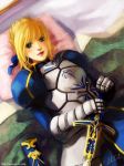  1girl ahoge armor armored_dress blonde_hair blush caliburn dress elise_trinh fate/stay_night fate_(series) gauntlets green_eyes hair_ribbon lipstick on_bed pillow puffy_sleeves ribbon saber sheath signature smile solo sword watermark weapon web_address x-chan- 