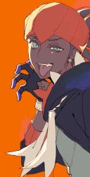  1boy black_gloves black_hair black_hoodie blue_eyes claw_pose dark-skinned_male dark_skin fang gloves harurie headband hood hoodie jewelry looking_at_viewer male_focus open_mouth orange_background orange_headband partially_fingerless_gloves pokemon pokemon_swsh raihan_(pokemon) simple_background solo tongue tongue_out upper_body 