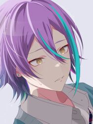  1boy absurdres blue_hair collared_shirt commentary_request double-parted_bangs earrings eyeshadow hair_between_eyes highres jewelry kamishiro_rui kamiyama_high_school_uniform_(project_sekai) makeup male_focus multicolored_hair nervous_sweating parted_lips project_sekai purple_hair red_eyeshadow school_uniform shirt short_hair simple_background solo streaked_hair stud_earrings sweat tokooo000 two-tone_hair yellow_eyes 