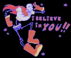  1boy 2025 2d armor black_background blue_shorts boots cape digital_media gloves highres humanoid ilove_borzois male male_focus male_only monster monster_boy outline papyrus_(undertale) purple_outline red_boots red_cape red_gloves shorts simple_background skeleton solo teeth text undead undertale utdr_(toby_fox) white_armor 