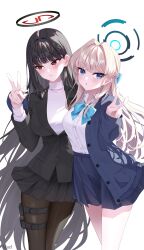  2girls absurdres ajeu914 averting_eyes black_cardigan black_hair black_halo black_pantyhose black_skirt black_suit blonde_hair blue_archive blue_bow blue_bowtie blue_eyes blue_hair blue_halo blunt_bangs blush bow bowtie braid buttons cardigan collared_shirt commentary cowboy_shot eyelashes eyes_visible_through_hair frown hair_intakes half_up_braid halo hand_up highres long_hair long_sleeves looking_at_viewer miniskirt multicolored_hair multiple_girls official_alternate_costume official_alternate_hairstyle open_cardigan open_clothes pantyhose parted_lips pleated_skirt red_eyes rio_(blue_archive) school_uniform shirt shy sidelocks simple_background skindentation skirt sleeves_past_wrists streaked_hair suit sweater thigh_strap toki_(blue_archive) toki_(school_uniform)_(blue_archive) triangle_mouth tsurime turtleneck turtleneck_sweater v very_long_hair white_background white_shirt white_sweater 