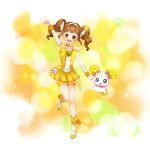  arm_up bike_shorts blush boots bowtie brown_hair candy_(smile_precure!) choker cosplay creature cure_peace cure_peace_(cosplay) dress green_eyes head_wings idolmaster kise_yayoi magical_girl mnmktn namesake precure short_hair shorts_under_skirt skirt smile smile_precure! takatsuki_yayoi tiara twintails v yellow yellow_background yellow_dress 