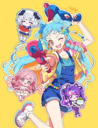  :d aikatsu!_(series) aikatsu_academy! arm_up bare_arms bare_legs bare_shoulders black_camisole black_ribbon blue_hair blue_outline blue_overalls blue_shirt blue_shoes blue_shorts bow bow-shaped_hair braid camisole chibi colored_eyelashes commentary_request dot_nose dress dress_bow food frilled_bow frills fruit full_body grey_hair hair_bow hair_ornament hair_ribbon hand_up heart heart_in_eye highres himeno_mieru holding holding_food holding_fruit holding_water_gun holding_watermelon hood hoodie legs_apart light_blush long_hair looking_at_viewer mamimu_meh medium_dress miyadani_risa multicolored_eyes multicolored_shoes no_nose one_eye_closed open_clothes open_hoodie orange_eyes outline overall_shorts overalls pants parted_bangs pink_bow pink_eyes pink_hair pink_outline pink_shoes pointing pointing_at_viewer pom_pom_(clothes) pom_pom_hair_ornament purple_outline purple_pants ribbon rindou_taimu shaved_ice shirt shoes short_bangs short_hair short_sleeves shorts signature simple_background sleeveless sleeveless_dress sleeveless_shirt smile solo_focus standing standing_on_one_leg straight_hair symbol_in_eye twintails two-tone_eyes v-shaped_eyebrows violet_eyes wao_parin water_gun watermelon wavy_sidelocks white_dress white_shoes yellow_background yellow_hoodie yellow_outline yellow_shorts 