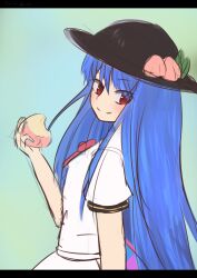  1girl black_hat blue_hair closed_mouth commentary food fruit green_background hat hat_ornament highres hinanawi_tenshi holding holding_food holding_fruit leaf_hat_ornament letterboxed long_hair looking_at_viewer lorela_thirst peach peach_hat_ornament red_eyes short_sleeves simple_background sketch smile solo touhou upper_body v-shaped_eyebrows 